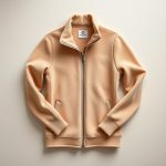 Beige fleece womens golf jacket neatly folded in minimalist flat lay, top-down view on neutral surface.