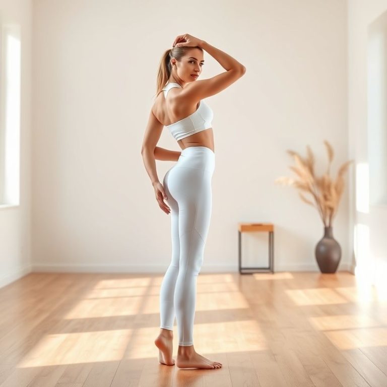 A model wearing white workout pants with pockets and scrunch bum leggings in a bright yoga studio.