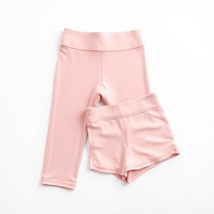 Pastel pink yoga pants and yoga short on white background, hyperrealistic e-commerce photo, 8k quality.