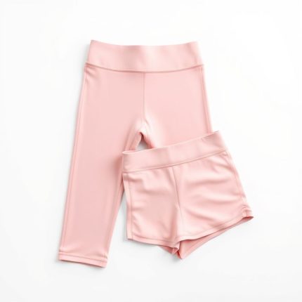 Pastel pink yoga pants and yoga short on white background, hyperrealistic e-commerce photo, 8k quality.