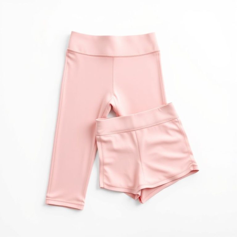 Pastel pink yoga pants and yoga short on white background, hyperrealistic e-commerce photo, 8k quality.