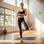 A model in a minimalist yoga studio wearing charcoal eco friendly yoga pants on off.