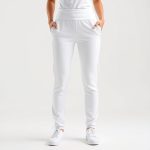 White yoga pants womens activewear with pockets, hyperrealistic studio photo on white background.