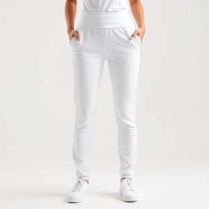 White yoga pants womens activewear with pockets, hyperrealistic studio photo on white background.