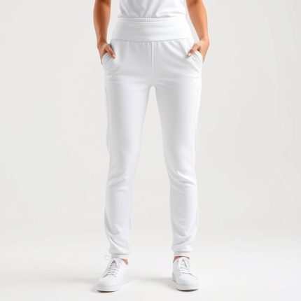White yoga pants womens activewear with pockets, hyperrealistic studio photo on white background.