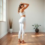 A model wearing white yoga pants womens with activewear pockets in a bright minimalist yoga studio.