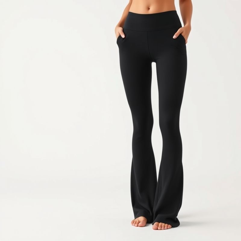 Black flare yoga pants laid flat on white surface
