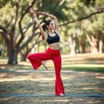 A woman in red yoga pants yoga performing warrior II pose in an Australian park, flare black yoga pants in motion.