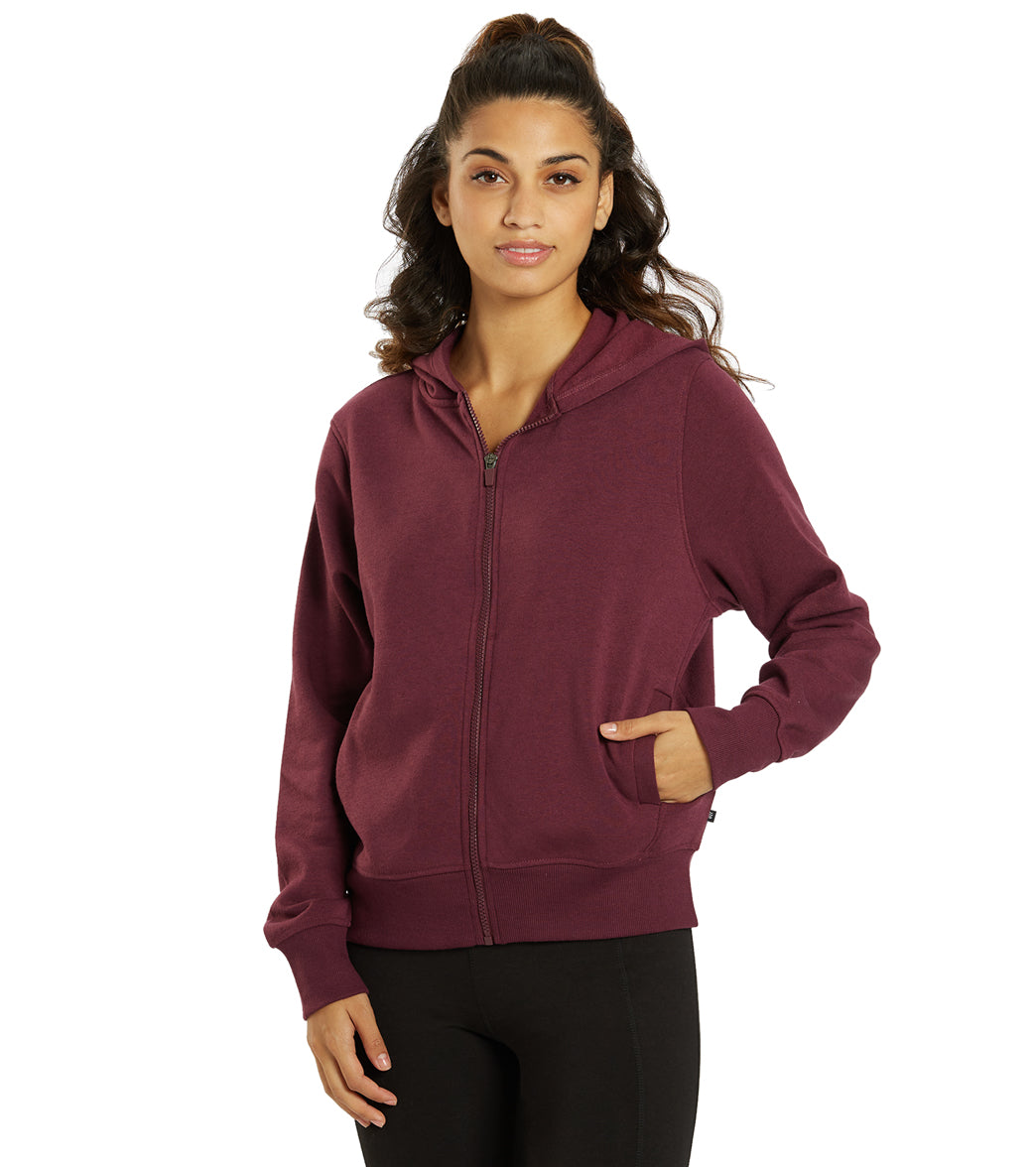 front zip sports bra styled with Sofie hoodie grape wine