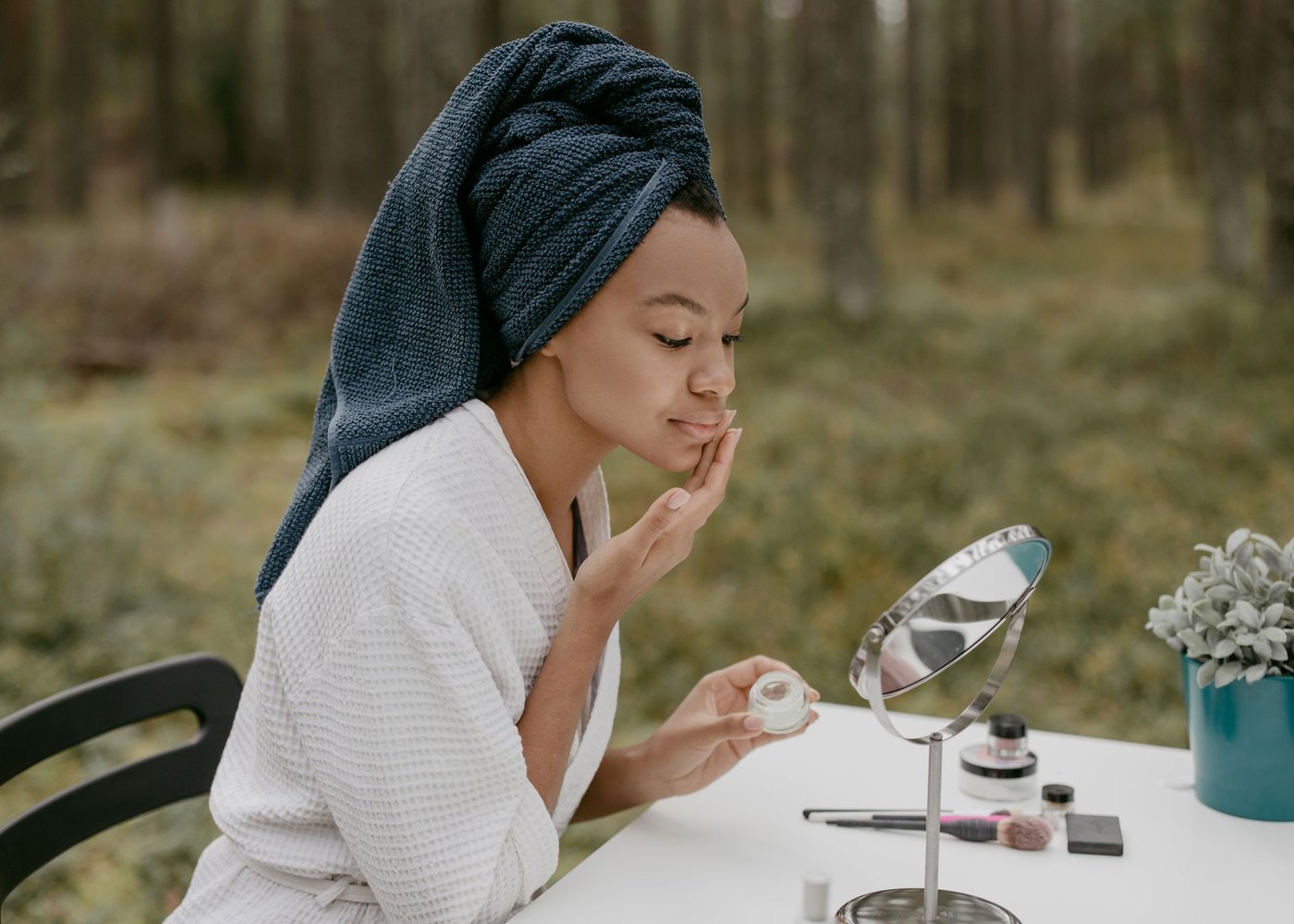 Morning skincare routine outdoors